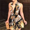 夏の女性のドレス2022ファッションプリントカジュアルノースリーブのドレスVネックレースアップボタンドレス女性vestido de Mujer y1204