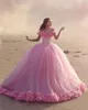 2019 Pink Cloud 3D Bloem Rose Trouwjurken Lange Tule Puffy Ruffle Robe De Mariage Bruidsjurk Said Mhamad Wedding Gown227e