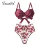 SEASELFIE Set bikini push up a vita alta da donna Sexy rosso a pois e twist floreale Costume da bagno a due pezzi Costume da bagno da spiaggia 210712