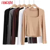 Primavera Moda Donna Rayon Strethy T Manica lunga Collo quadrato Tees Ladies Casual Tee Shirt Street Wear Top 4P28 210416