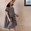 Summer Girls Dress Korean Style Pocket Black And White Plaid Drop Shoulder Sleeve Baby Kids Clothes Children'S Clothing 210625