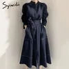 Sukienki swobodne Syiwidii ​​Office Lady Fall 2021 A-line Solid Sashes Blue Korean Fashion Vintage Harajuku Midi Elegante Button