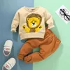 Winter Children Sets Long Sleeve O Neck Print Cartoon Lion T-shirt Solid Trousers Cute 2Pcs Girls Boys Clothes 18M-6T 210629