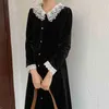 春の女性のフランスのベルベットのレトロなドレス緩い長い穏やかなエレガントなシックなVネック女性のファッション服210525