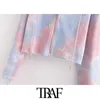 Traf女性ファッションタイ染料プリントジップアップクロップスウェットビンテージフード付き長袖女性アウターウェアシックトップ210910
