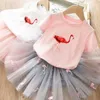 Garotas de varejo Flamingo roupas conjuntos de verão princesa menina desenhos animados t-shirt guarda-chuva saia 2 pcs conjunto 3-7T AY316 210610