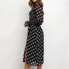 Polka Dot Vintage Czarny Długie Sukienka Rękaw Puff Maxi Side Slit Panie Eleganckiej Sukienka Jesień Zima Chic Dress 210415