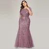 Plus Size Sequin Mesh Mermaid Slim Evening Dress Beaded Leaves Pattern Formal Women Elegant Party Prom Gowns Short Sleeve