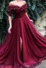 Bourgogne hors de l'épaule tulle une ligne longue robes de soirée 2022 manches courtes froncé fendu 3D floral formelle fête robes de bal BC1453