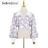 Elegant Patchwork Print Floral Famale Shirts Lapel Collar Lantern Long Sleeves Shirt For Women Summer Fashion 210524