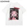 Tees Topy Mężczyźni Streetwear Harajukiu Hip Hop Hop Anime Cartoon Girl Print Koszulki Bawełniane Casual Luźne Krótki Rękaw Tshirts 210602