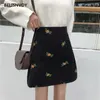 Minigonna in velluto a coste stile coreano primavera Gonne a vita alta con ricami floreali dolci Harajuku A-line nero elegante femminile Jupe 210520