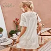 Summer Women Haft Mini Krótki Rękaw Casual Loose White Lace Beach Dress 210415