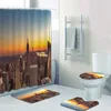 Curtain & Drapes Black White City Nights Lights Bathroom Shower Curtains Set Waterproof Toilet Cover Mat Non-Slip Bath Rug