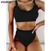 Ingaga High Waist Bikinis Ruffle Kvinnors baddräkter Push Up Biquini Sexiga Cut Badkläder Badkläder Strandkläder 210629