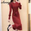 Sonbahar Kış Örgü Uzun Elbise Kadınlar Zarif Rahat O-Boyun Ince Bodycon Robe Kazak Elbiseleri Ofis Bayan Orta Buzağı Örme Elbise Y1006