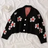 QNPQYX Preppy Style fleur tricot Cardigans pull femmes pulls col en V lâche elegaht épais Pull Femme imprimer court manteau décontracté