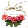 Bruiloft haar sieraden rosa bloem krans bruids kunstmatige kop tiara kroon lange riemen bloemen hoofdband vrouw accessoires drop levering 2021