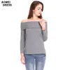 T-shirt en coton sur l'épaule Tops pour femmes Couleur grise T-shirt à manches longues Printemps Hiver Femme Vêtements T-shirts Vêtements 210416