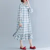 ジョニー教会の韓国の格子縞のターンダウンカラーシングルブレストフィッシュテールシャツのドレスレジャーファッションレトロな女性のドレス210521