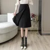 Jupes pour femmes Automne Femmes Midi Front Cross Style coréen Taille haute Bouton Dames A-Line Femelle 210428