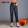 Mulheres Preto Faux Couro Terno Calças Alto Cintura Bolsos Moda Senhora Calça Quente Escritório Senhoras Pu Calças 210428