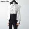 Eleganta Ruffles Women Blouse Peter Pan Collar Lantern Sleeve Tröja Kontor Lady Solid White Shirts Spring Blouses Chic 210601