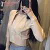 Aelegantmis koreanska stil softt sexig o-neck kort stickade tröjor Womenthin Cardigantwisted Fashion Syls Crop Top Ropa Mujer 210607