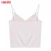 Vrouwen Sexy Roze Emboridrey V-hals Camis Crop Top Spaghetti Strap Mouwloze Backless Korte Blouses Shirts Tops 6H34 210416