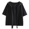 [EAM] Women Black White Big Size Casual Zipper Ribbon T-shirt Hooded Half Sleeve Fashion Spring Summer 1DD8084 210512
