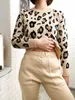 Koreański styl kobiety sufity kostiumy z dzianiny Leopard z długim rękawem O-Neck sweter + elastyczna talia spodnie dresowe zestaw Y0625