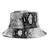 Frauen reversible Druckeimer Hut Mädchen Baumwolle Twill Schlange Tierdruck gedruckter Fischer schwarzer Mütze Sonne verhindern breite Krempe Hüte