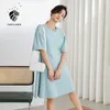 Fansilanen Ofis Bayanlar Örme Mavi Beyaz Elbise Kadın Yaz Tarzı Puf Kol Kısa Kollu A-Line Etek 210607