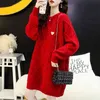 Sweater Vermelho grosso Mulheres Mid-Comprimento preguiçoso Solta Loose Coreano Net Selvagem Camisa Outono Inverno 210427