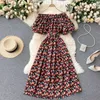 Women's Dress Beach Style Off Shoulder Slash Neck Puff Sleeve Elastic Waist Bohemian Floral Print Vacation Maxi with Belt 210603