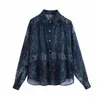 Chemise femme bleu semi-transparent imprimé en mousseline de soie Blouse femme printemps Vintage Streetwear bouton haut à manches longues 210519