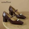 Sophitina Mary Jane Classic Women Shoes Pearl Handmad Buckle Skor Square Toe Tjocka Höghälsa Äkta Läder Kvinna Pumpar AO814 210513