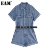 [Eam] Loose Fit Women Blue Denim Belt Wide Ben Rompers Hög Midja Pocket Stitch Pants Fashion Spring Summer 1DD7869 21512