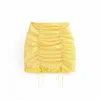 Yellow White Plaid Short T-shirt Crop Top Sexy Women Hollow Out Lace Hem Mini Skirt Half Sleeve Tops 2 Pieces Set 210429