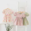 2021Summer Floral Girl's jurk Koreaanse stijl open rug prinses jurk kinderen rokken voor 1-6 jaar oude roze fawn katoenen jurk Q0716