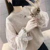 Spring And Autumn Loose Korean Mesh Lace Stitching Sweater Short Long-sleeved Women's Wear 210427