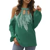 Plus Size Chiffon Shirt Women Sexy Off Shoulder Hollow Out Feather Print Casual Loose Blouse Autumn O Neck Long Sleeve Tops 210522