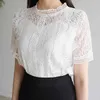 Fashion Spring Summer Blusas Mujer De Moda Short Sleeve Lace Women Shirt Slim Fit Hollow Out Blouses and Tops 8745 50 210510