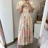 Lace Up Puff Sleeve Robe Koreaanse Lange jurk Tie Dye Vrouw Kleding Zomer Vintage Jurken Vierkante Kraag Hoge Taille 210510