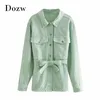 Women Fashion Green Jeans Jacket With Belt Loose Long Sleeve Denim Jackets Turn Down Collar Streetwear Pockets Coat 210515