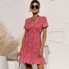 Sommer Damen Kleid Casual Kurzarm Tiefer V-Ausschnitt Floral Dot Print Sexy Mode Boho Stil A-Line Mini Femme 210526