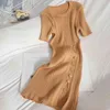 Casual Breasted split buttocks short dress Korean turret o neck knit for womens summer slim stretch pit mini 210420