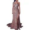 Kvinnor Elegant Slim Glänsande Sequin Oregelbundna Party Klänningar Sexig One Shoulder High Slit Party Dress Ny Fashion Bodycon Long Afton Dress