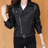 AELEGANTMIS CROCHPED FAUX Cuir Veste Femmes avec ceinture Coréen Vintage Vintage Black Moto Black PU Outwear 3 couleurs 210607