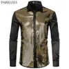 Smooth Silk Men Shirt Shiny Plaid Sequin Gold s Fashion Glitter Dress s Prom Long Sleeve 210524